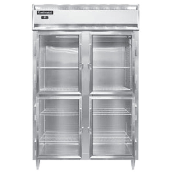 A Continental stainless steel reach-in refrigerator with glass doors.