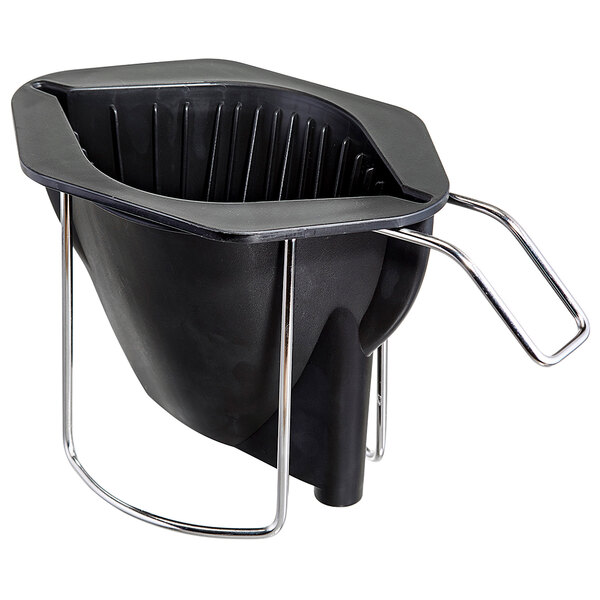 A black plastic brew basket with a metal handle.