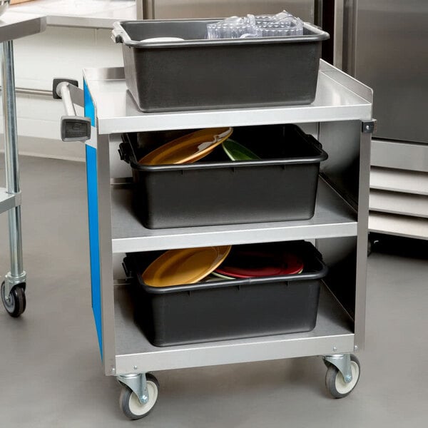 A Lakeside stainless steel utility cart with three shelves.