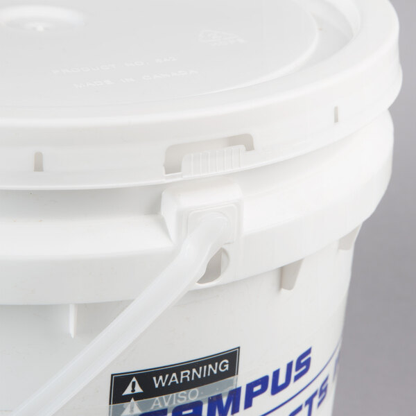 A white bucket with a plastic handle and a lid.