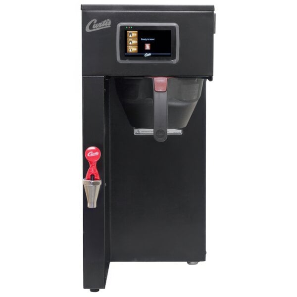 A close-up of a black Curtis G4 ThermoPro coffee maker with a screen.