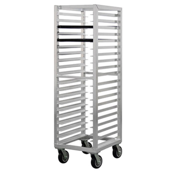 A Lakeside metal sheet pan rack with wheels.