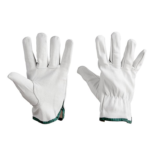 A pair of gray leather gloves with white trim on a white background.