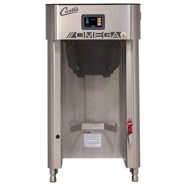 A Curtis Omega 3 gallon coffee brewing system with a stainless steel base.