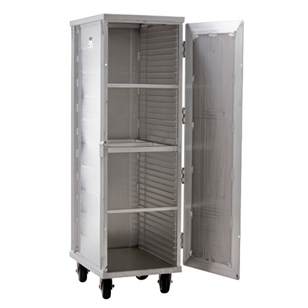 A Lakeside metal enclosed sheet pan rack with open doors.