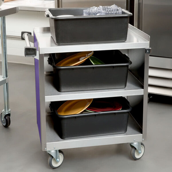 A Lakeside stainless steel utility cart with three shelves.