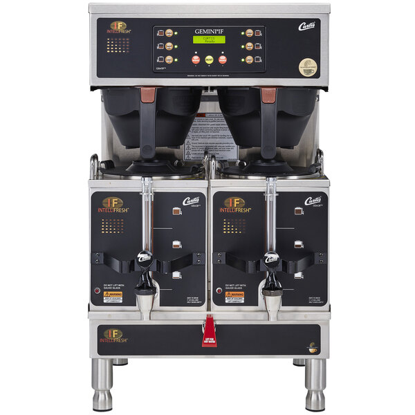 A Curtis Gemini IntelliFresh coffee machine with two black containers on top.