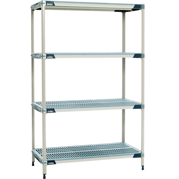 A MetroMax i metal shelving unit with two shelves.