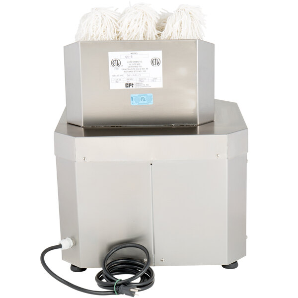 A Campus Products GP8 Stemshine electric glass polisher with white brushes inside.