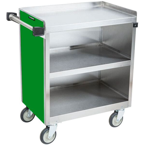 A Lakeside stainless steel utility cart with green shelves and an enclosed base.