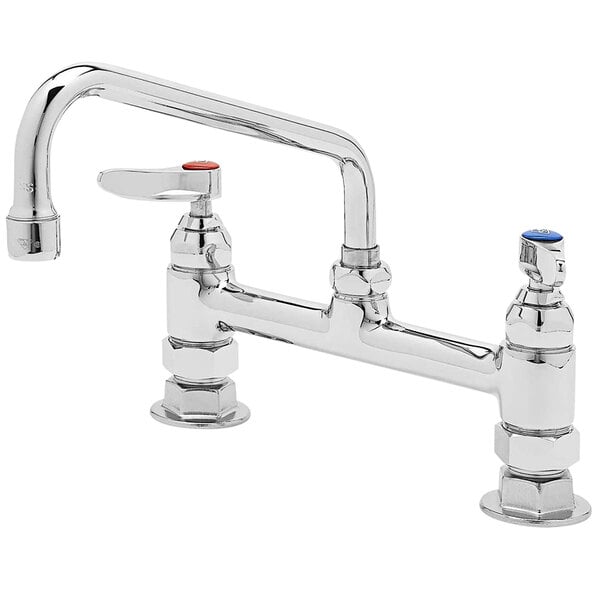 A chrome T&S deck-mounted pantry faucet with two handles and an 8" swing nozzle.