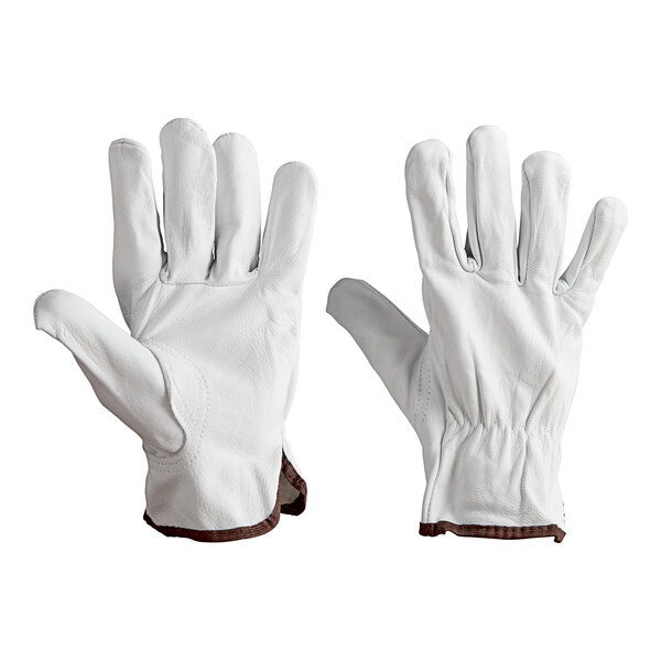 A pair of Cordova gray leather driver's gloves with brown stitching.