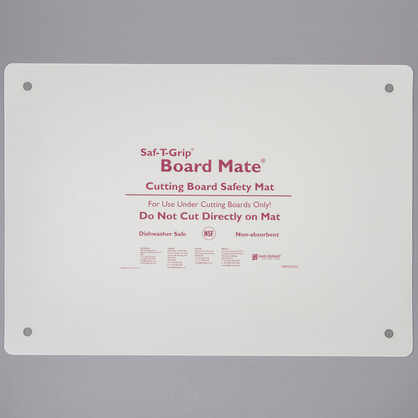 A white San Jamar cutting board mat with red text reading "Board Mate"