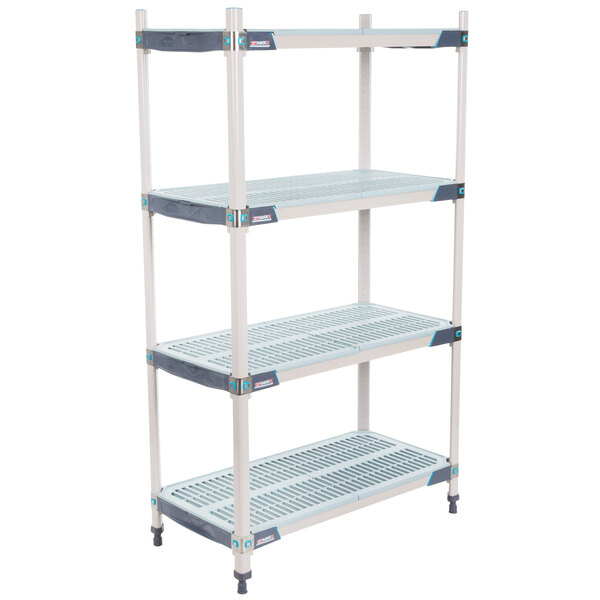 A white MetroMax i polymer shelving unit with grey shelves and handles.