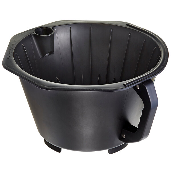 A black plastic Curtis brew basket with a handle.