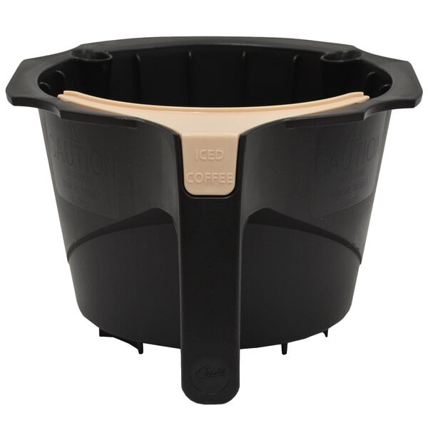 A black plastic coffee filter with a handle.