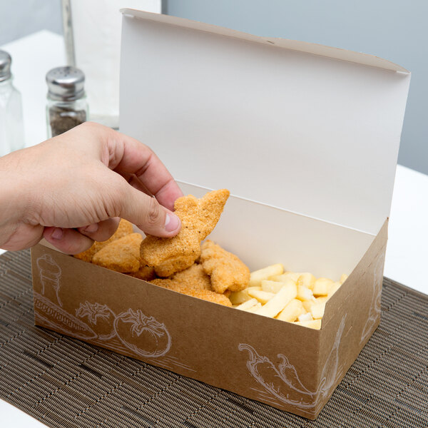 A hand taking a chicken nugget out of a Take Out Lunch box with Fresh print design.