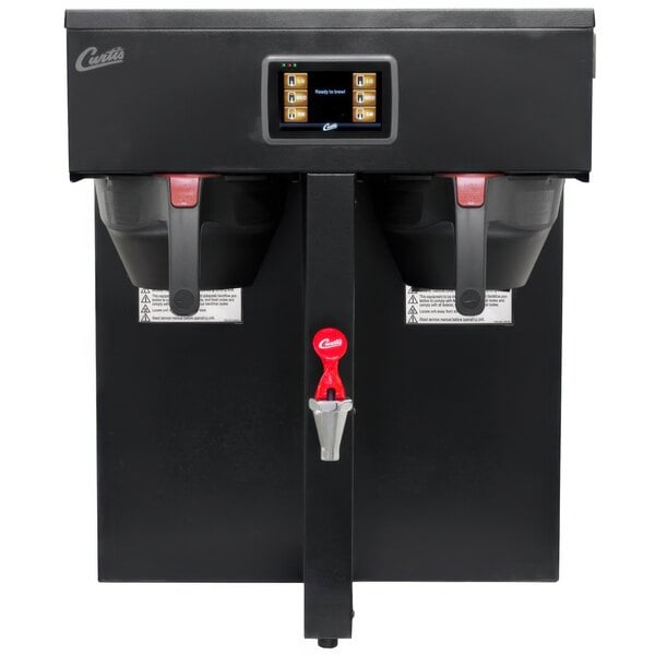A black Curtis G4 ThermoPro twin coffee brewer with two black cups.