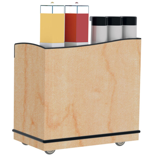 A Lakeside serving cart with Hard Rock Maple laminate and adjustable ledges holding condiment containers.