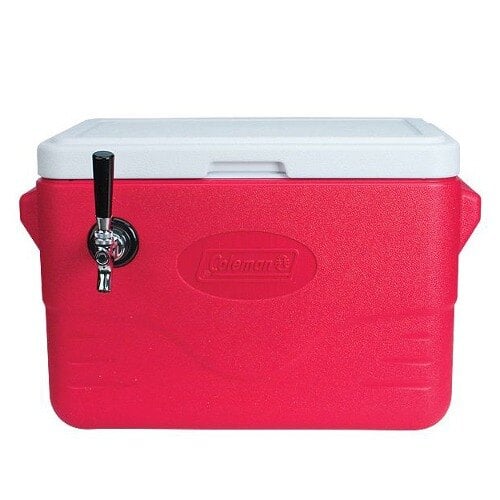 A red Micro Matic insulated cooler with a white lid.