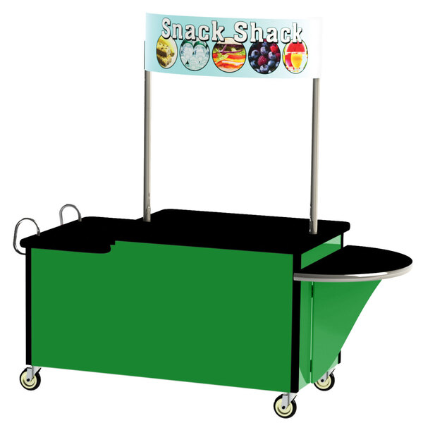 A stainless steel Lakeside vending cart with green and black accents and a sign.