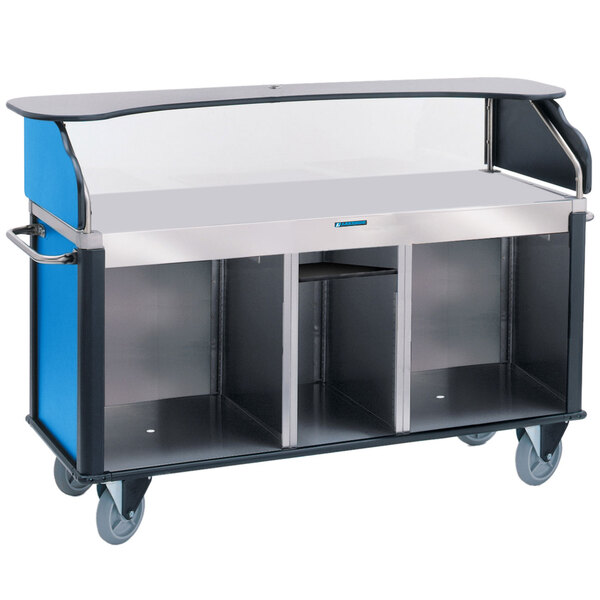 A blue and black Lakeside vending cart with flat surfaces and shelves.