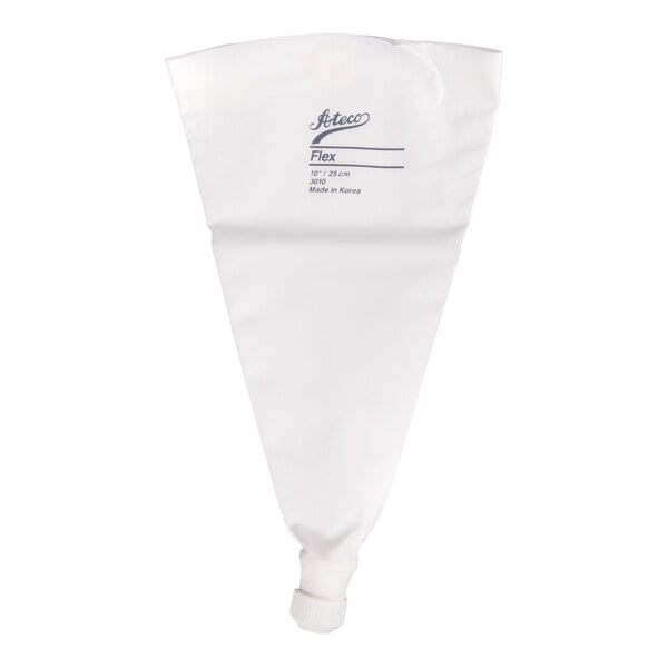 A white, triangular piping bag with a nozzle at the tip and printed text near the top.