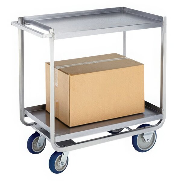 A Lakeside stainless steel utility cart with two shelves and wheels, with a brown box on it.
