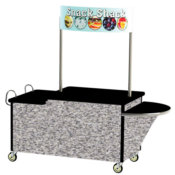 A Lakeside stainless steel vending cart with a sign on it.