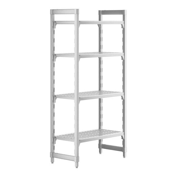 A white plastic Cambro Camshelving Premium unit with 4 vented shelves.
