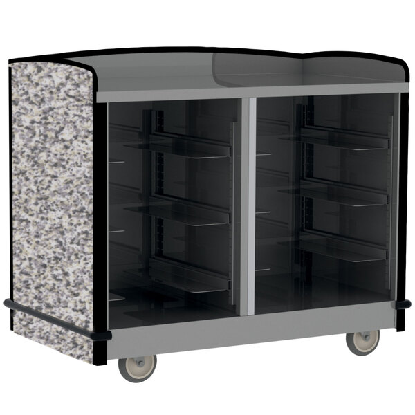 A Lakeside stainless steel full-service cart with gray sand shelves on wheels.