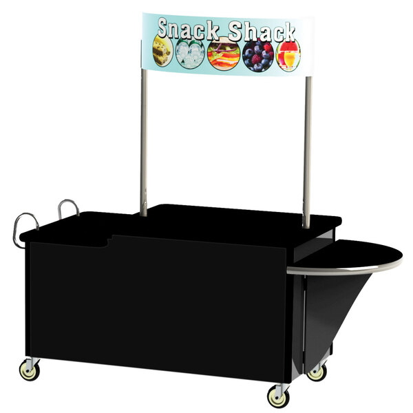 A black Lakeside vending cart with metal rods and a drop leaf.