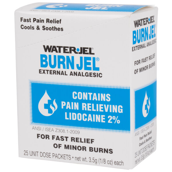A white box of 25 Medique Burn Jel packets with blue text.