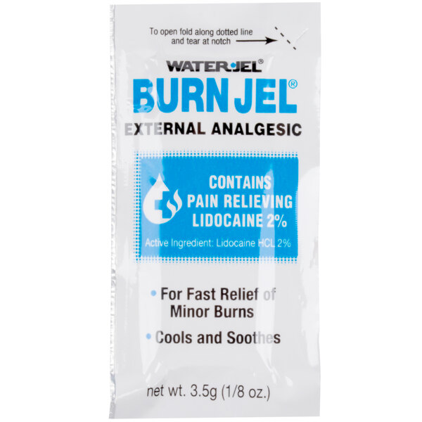 A white Medique burn jel packet with blue text.