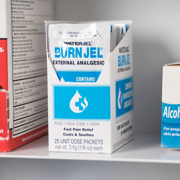 A box of 25 Medique water-based burn gel packets.
