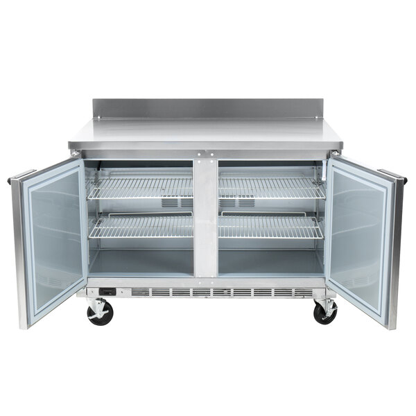 A stainless steel Beverage-Air worktop refrigerator with two doors.