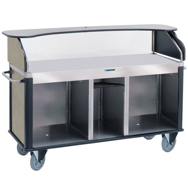 A silver Lakeside vending cart with shelves.