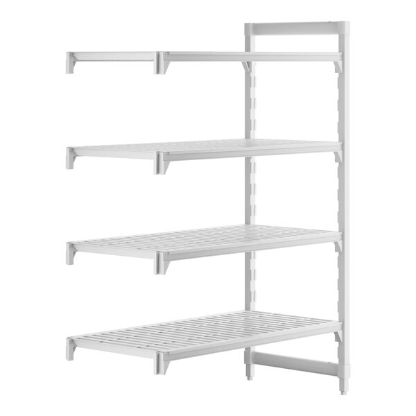 A white rectangular plastic shelf with four shelves.