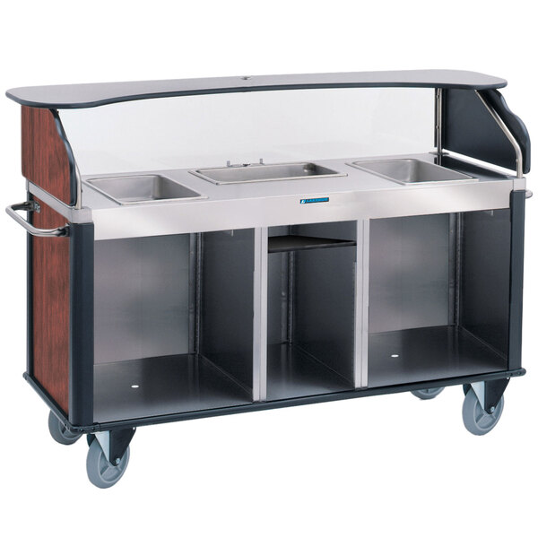 A stainless steel Lakeside vending cart with a red maple laminate counter.