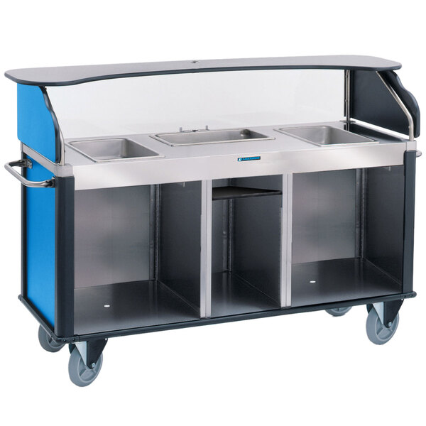 A Lakeside stainless steel vending cart with a blue and black counter and drawers.