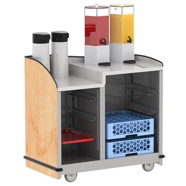 A Lakeside stainless steel hydration cart with a hard rock maple top and two compartments holding containers and bottles.