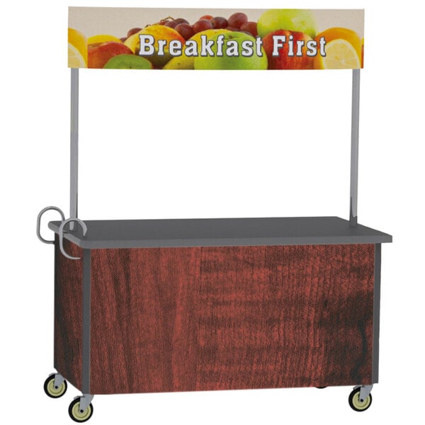 A Lakeside stainless steel vending cart with a red maple finish and fruit on it.