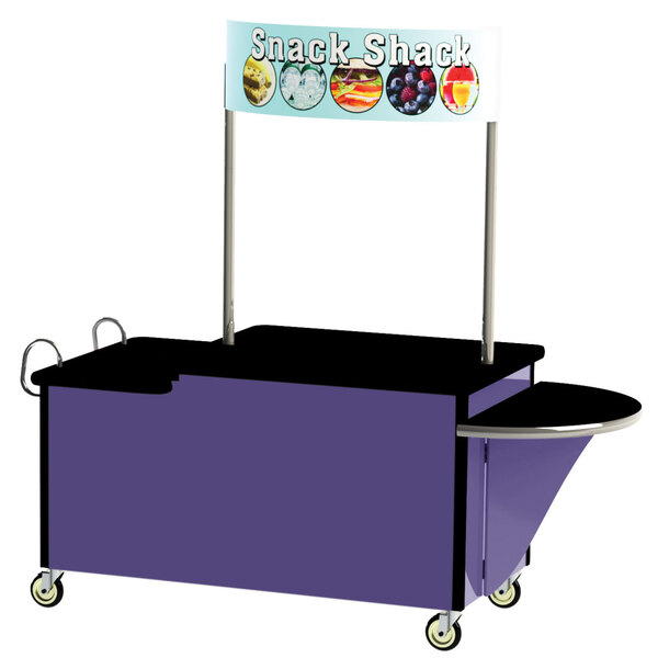 A purple and stainless steel Lakeside vending cart with a sign on it.