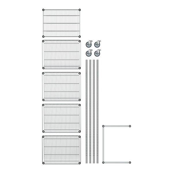 A Regency chrome wire rack with angled shelves and wheels.
