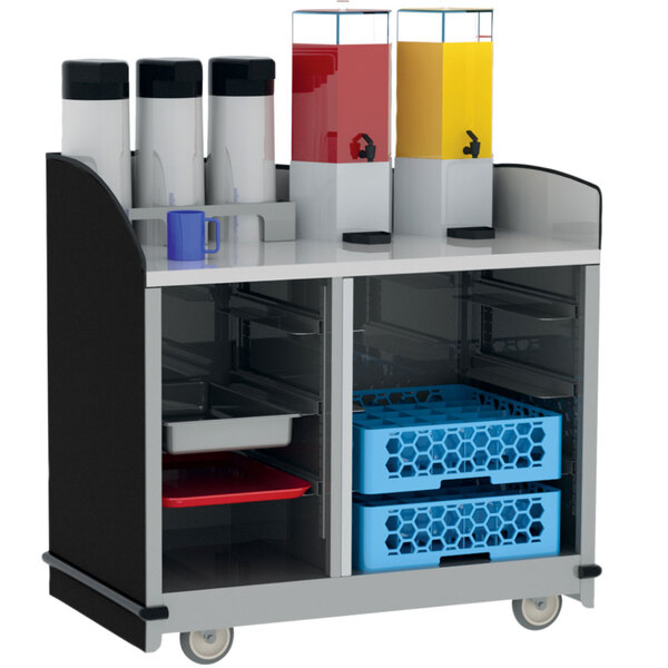 A Lakeside serving cart with black laminate and stainless steel shelves holding containers of juice and milk.