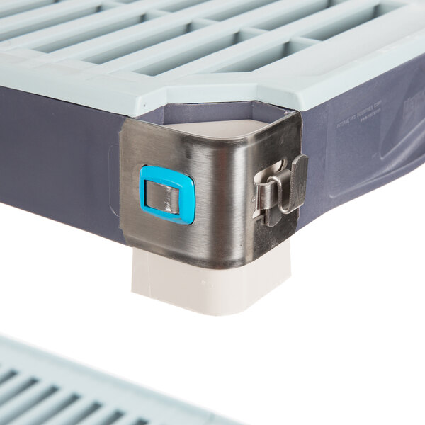 A MetroMax polymer shelving unit with metal corner pieces.