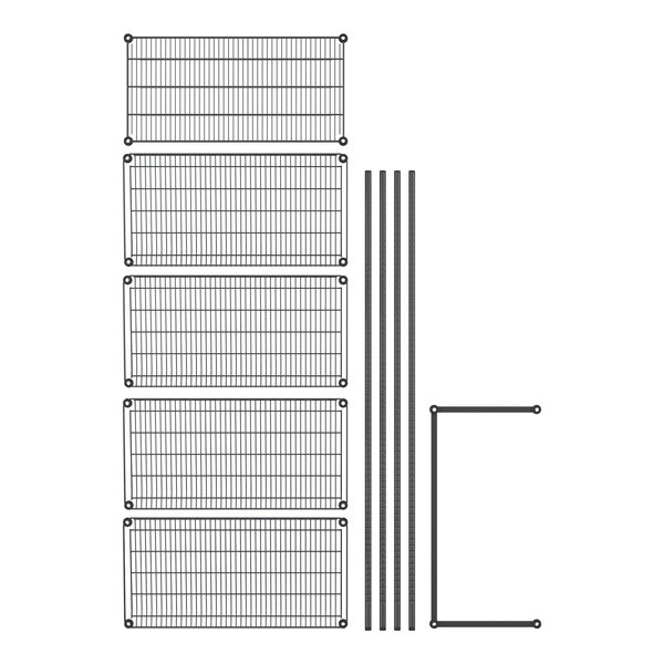 A black wire shelving unit with angled shelves.