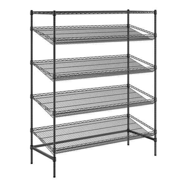 A black wire shelving unit with five shelves.