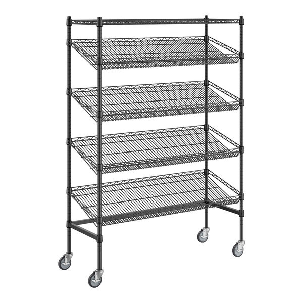 A black wire shelving unit with wheels.
