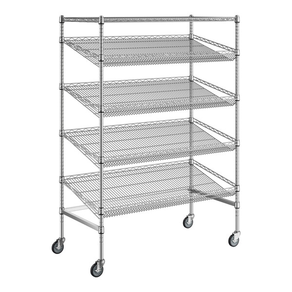 A Regency chrome wire shelving unit with wheels.